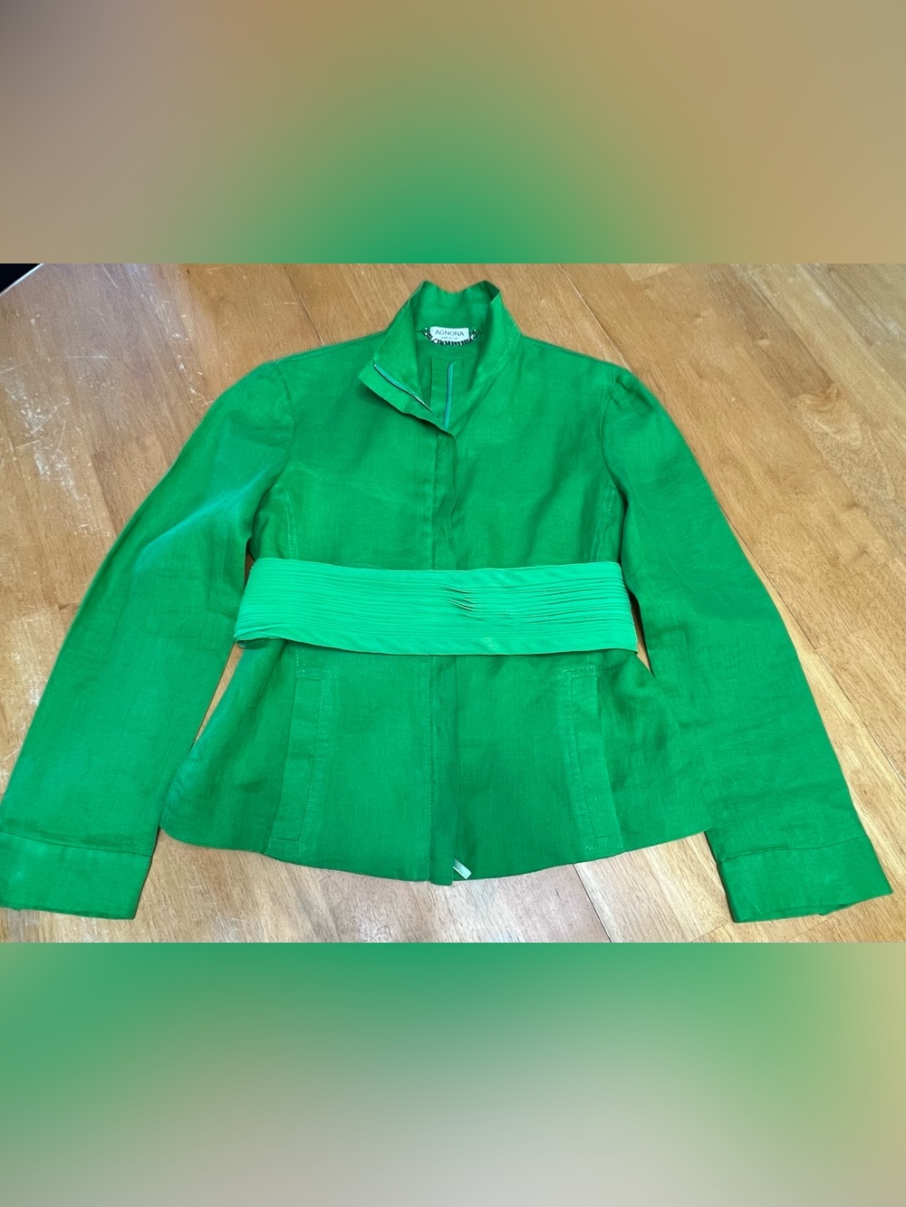 Agnona Green Linen Zip-Front Jacket with Pleated
Cummerbund Belt, Size Medium/42